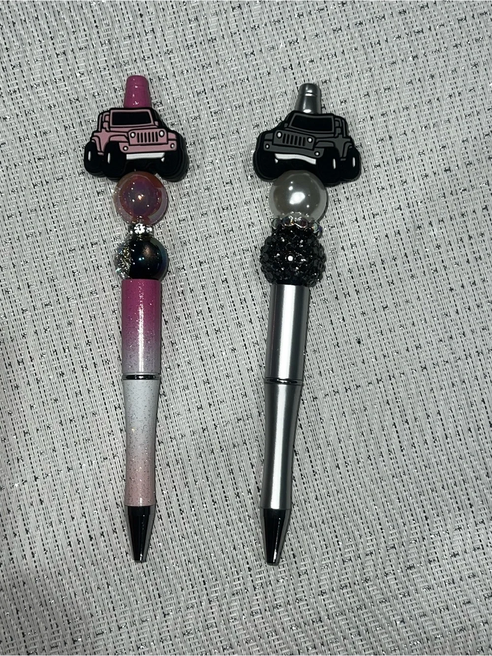 2pc Custom Off-Road SUV Beaded Pen Set • Pink & Silver Glitter Rhinestone
